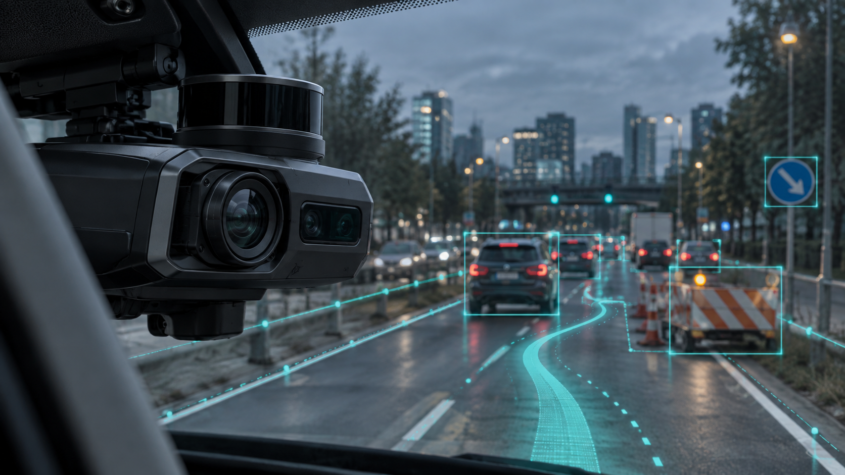 車載 AI 攝影機與感測器辨識車道及即時導航路徑的局部特寫